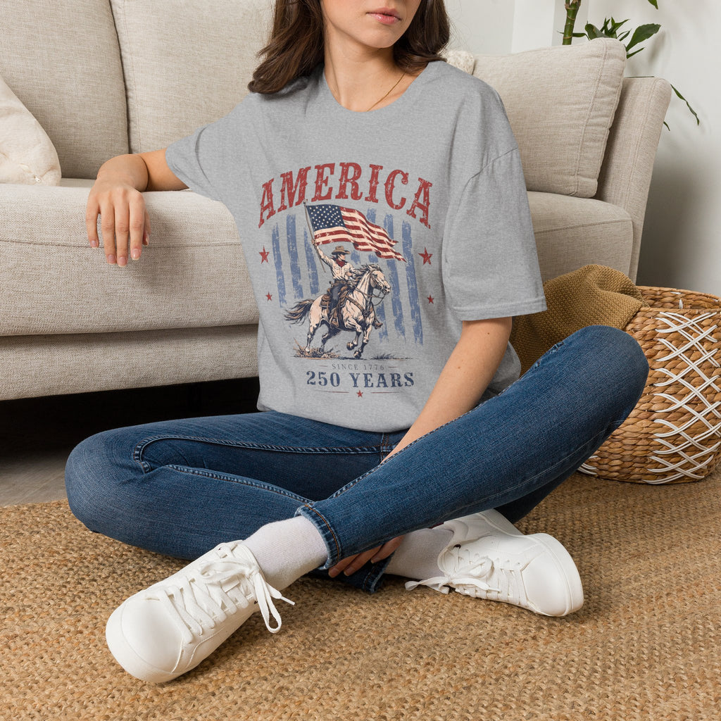 America 250 Years T-Shirt — Vintage Flag & Cowboy Patriotic Tee