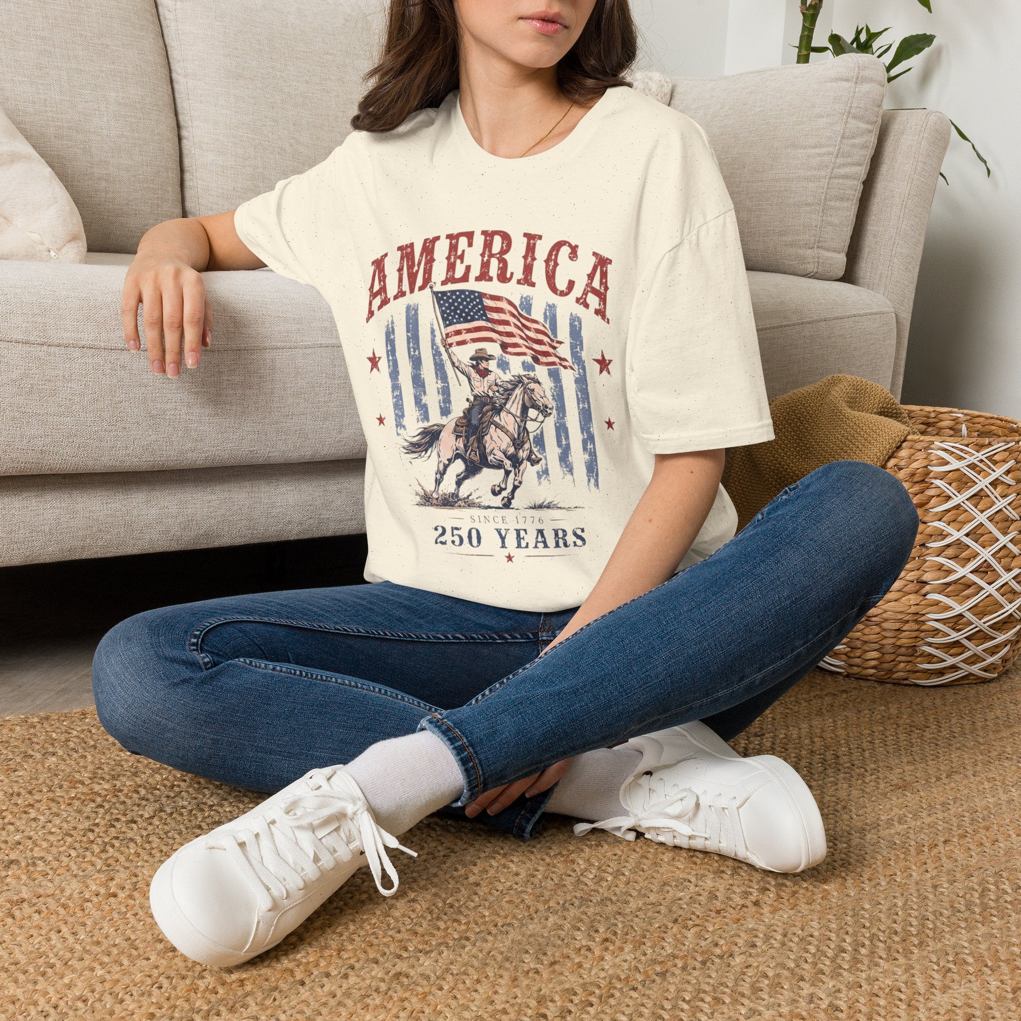 America 250 Years T-Shirt — Vintage Flag & Cowboy Patriotic Tee