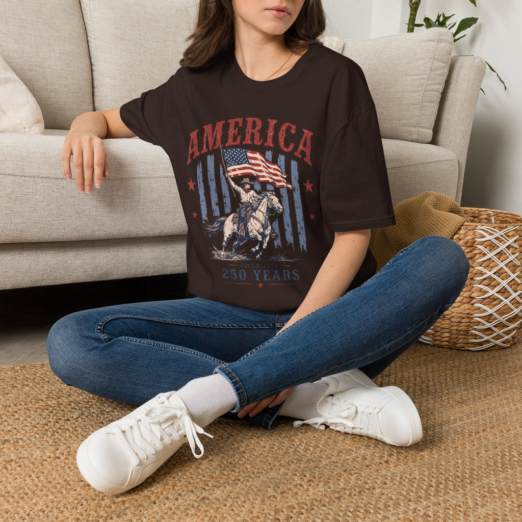 America 250 Years T-Shirt — Vintage Flag & Cowboy Patriotic Tee