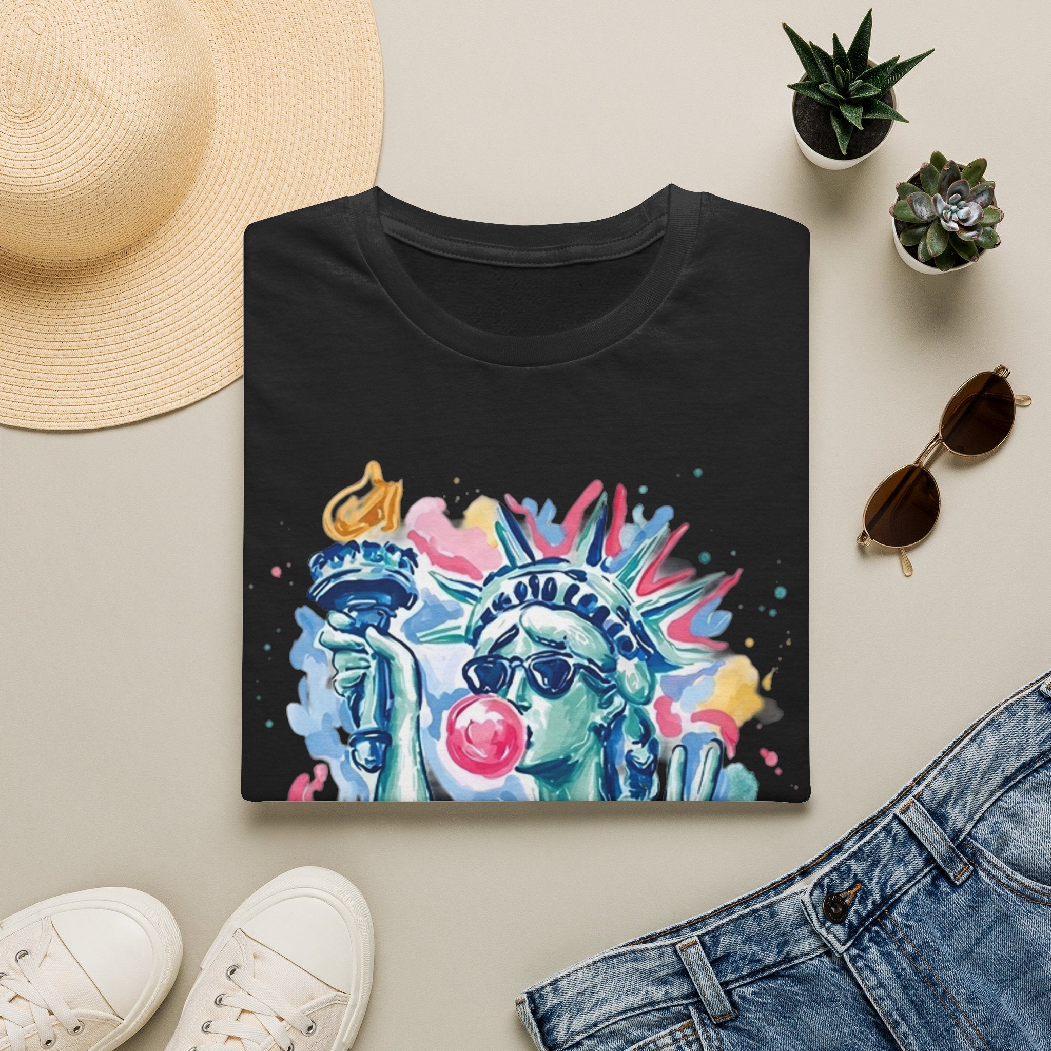 Statue of Liberty Bubblegum T-Shirt — Watercolor NYC Patriotic Tee