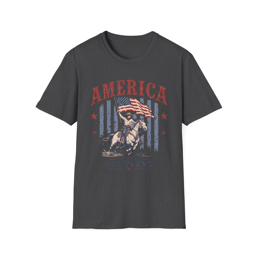 America 250 Years T-Shirt — Vintage Flag & Cowboy Patriotic Tee