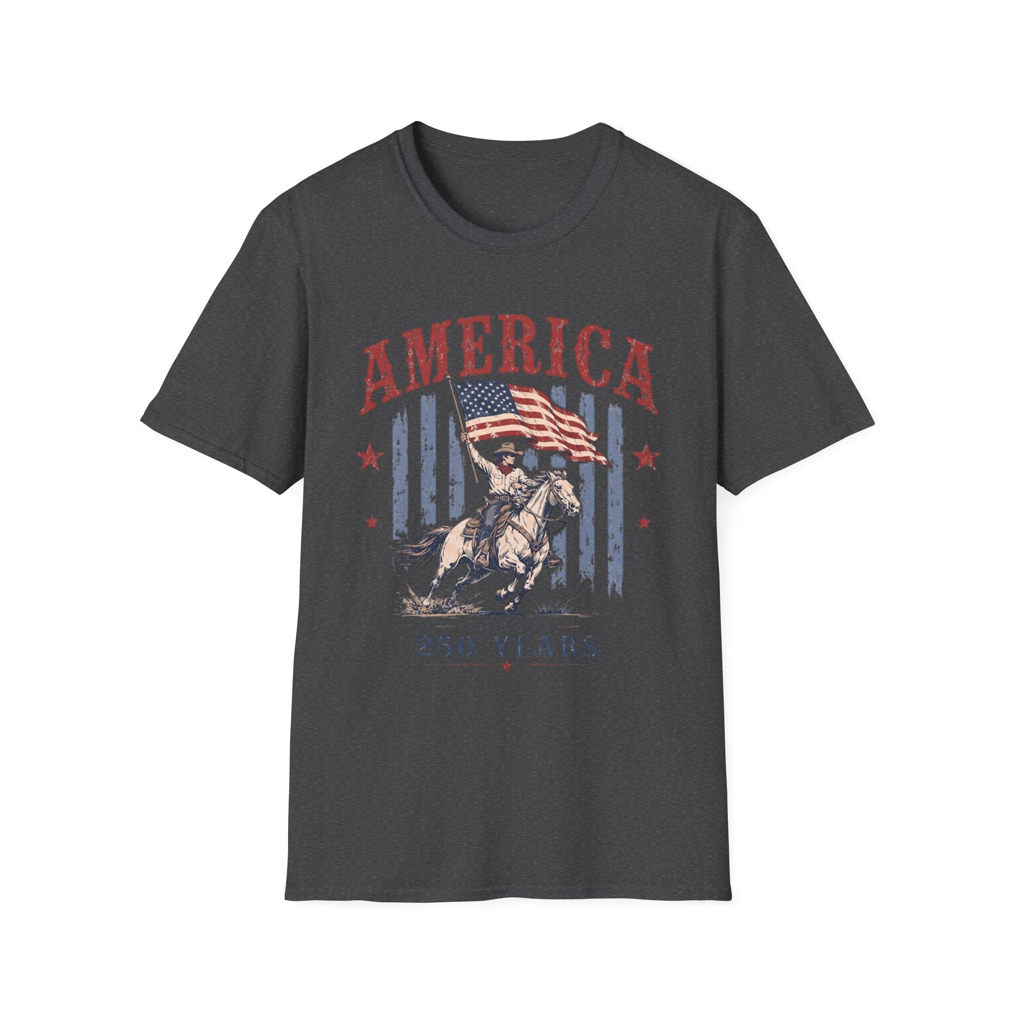 America 250 Years T-Shirt — Vintage Flag & Cowboy Patriotic Tee