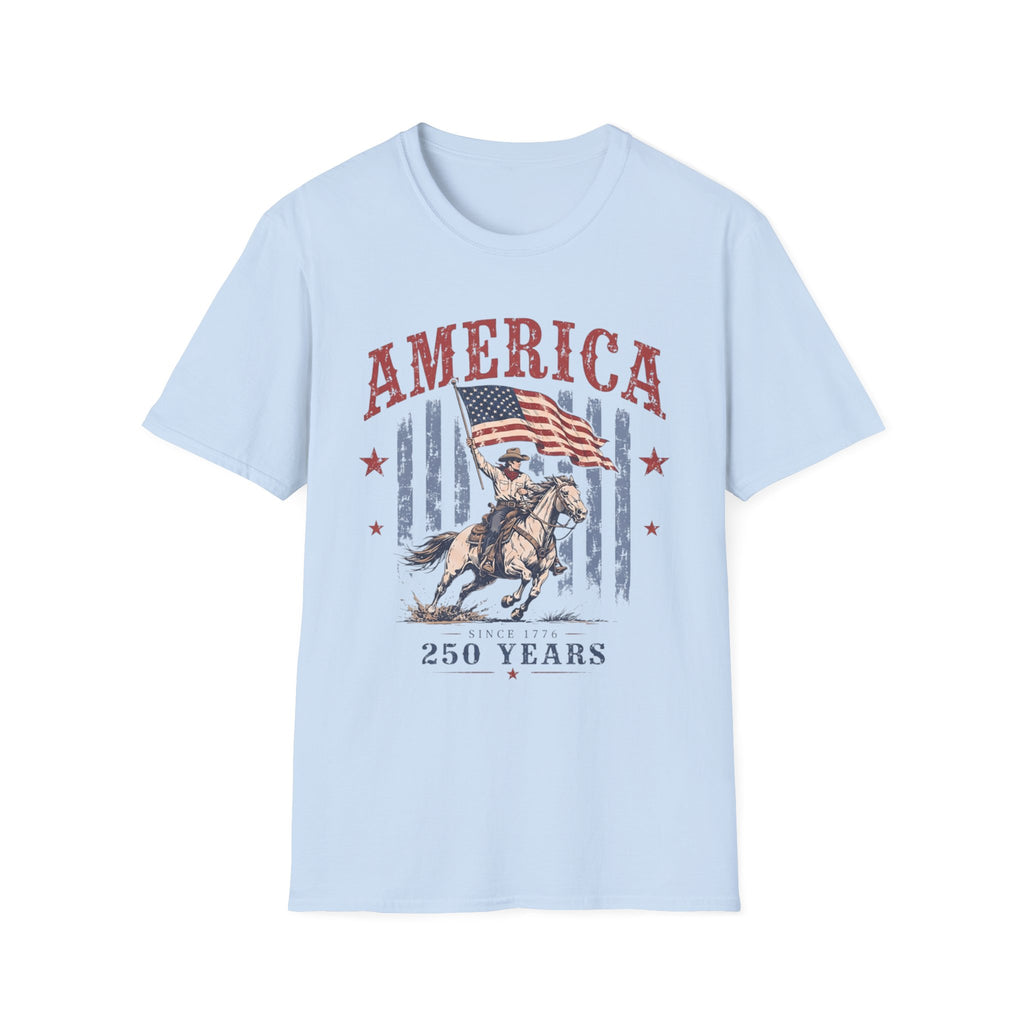 America 250 Years T-Shirt — Vintage Flag & Cowboy Patriotic Tee