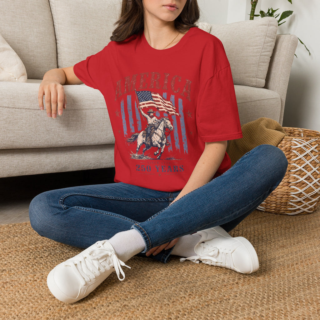 America 250 Years T-Shirt — Vintage Flag & Cowboy Patriotic Tee