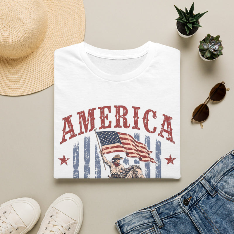 America 250 Years T-Shirt — Vintage Flag & Cowboy Patriotic Tee
