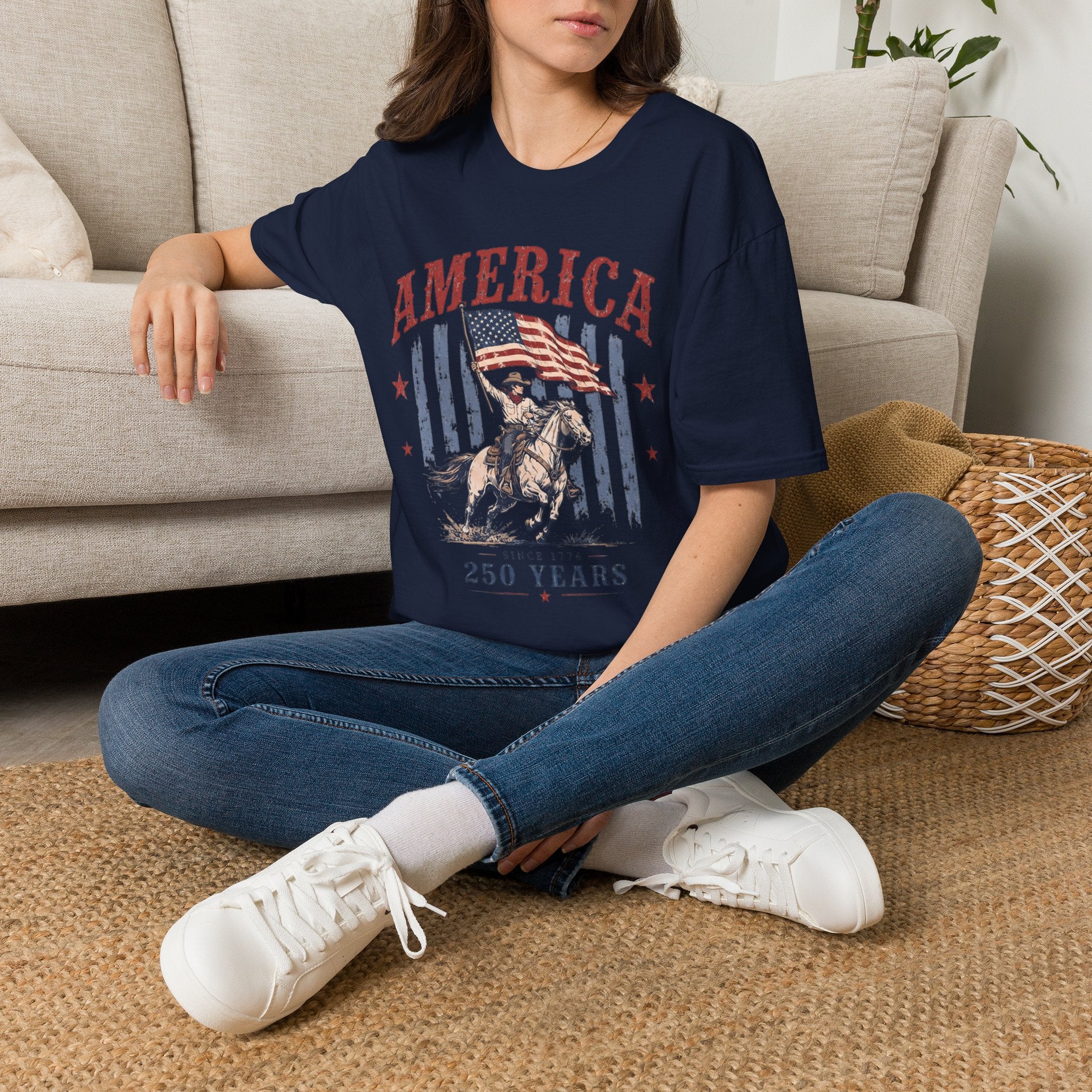 America 250 Years T-Shirt — Vintage Flag & Cowboy Patriotic Tee
