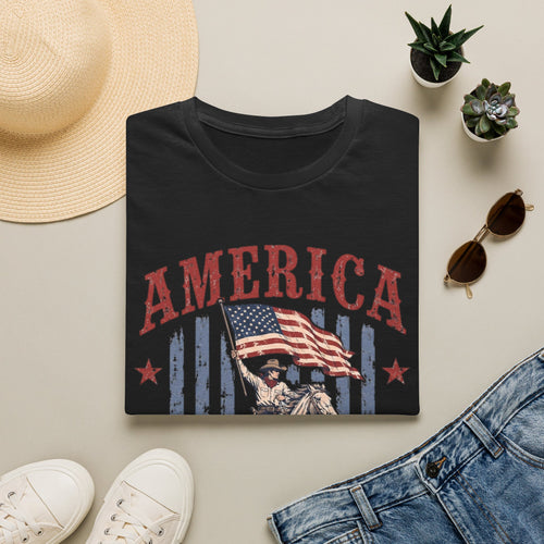 America 250 Years T-Shirt — Vintage Flag & Cowboy Patriotic Tee