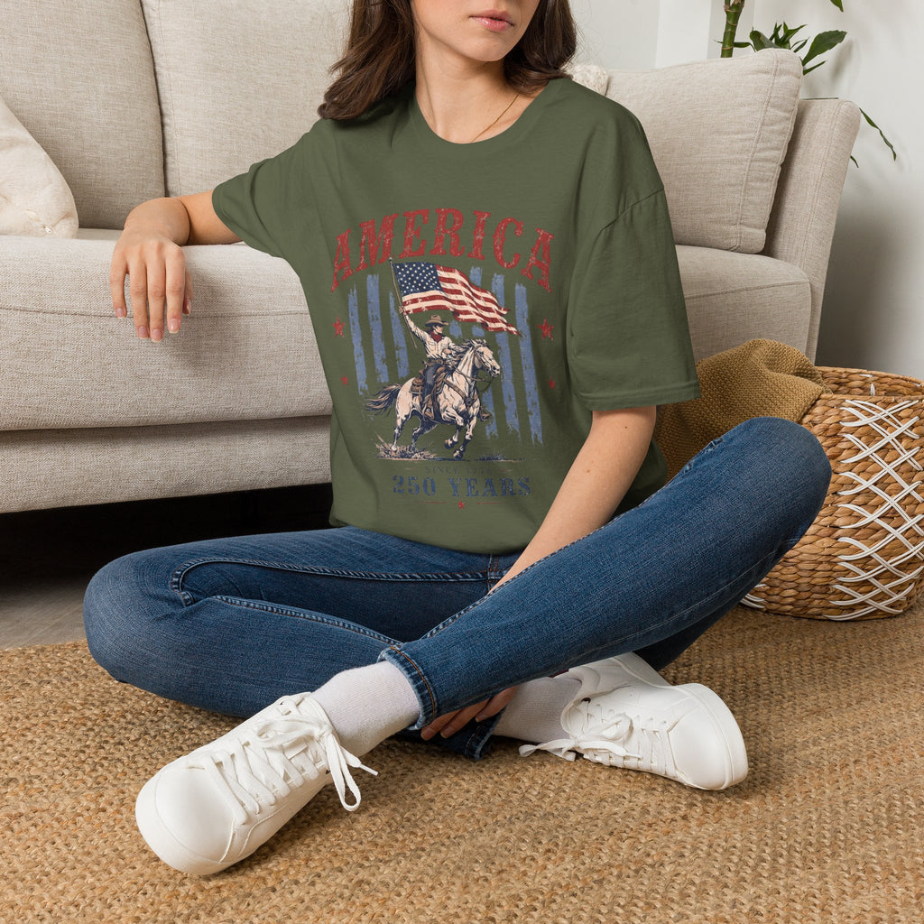 America 250 Years T-Shirt — Vintage Flag & Cowboy Patriotic Tee