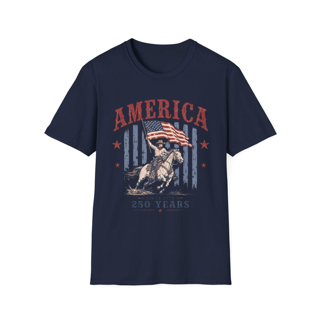 America 250 Years T-Shirt — Vintage Flag & Cowboy Patriotic Tee