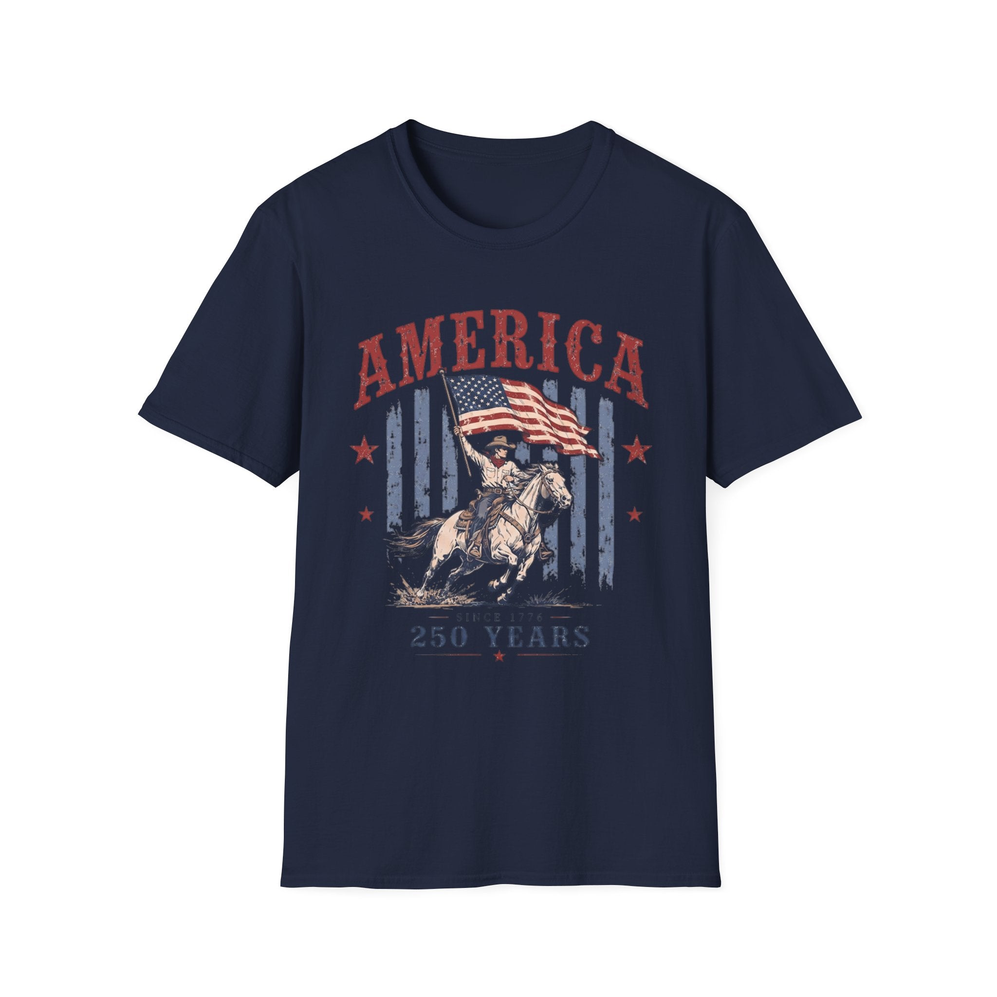 America 250 Years T-Shirt — Vintage Flag & Cowboy Patriotic Tee