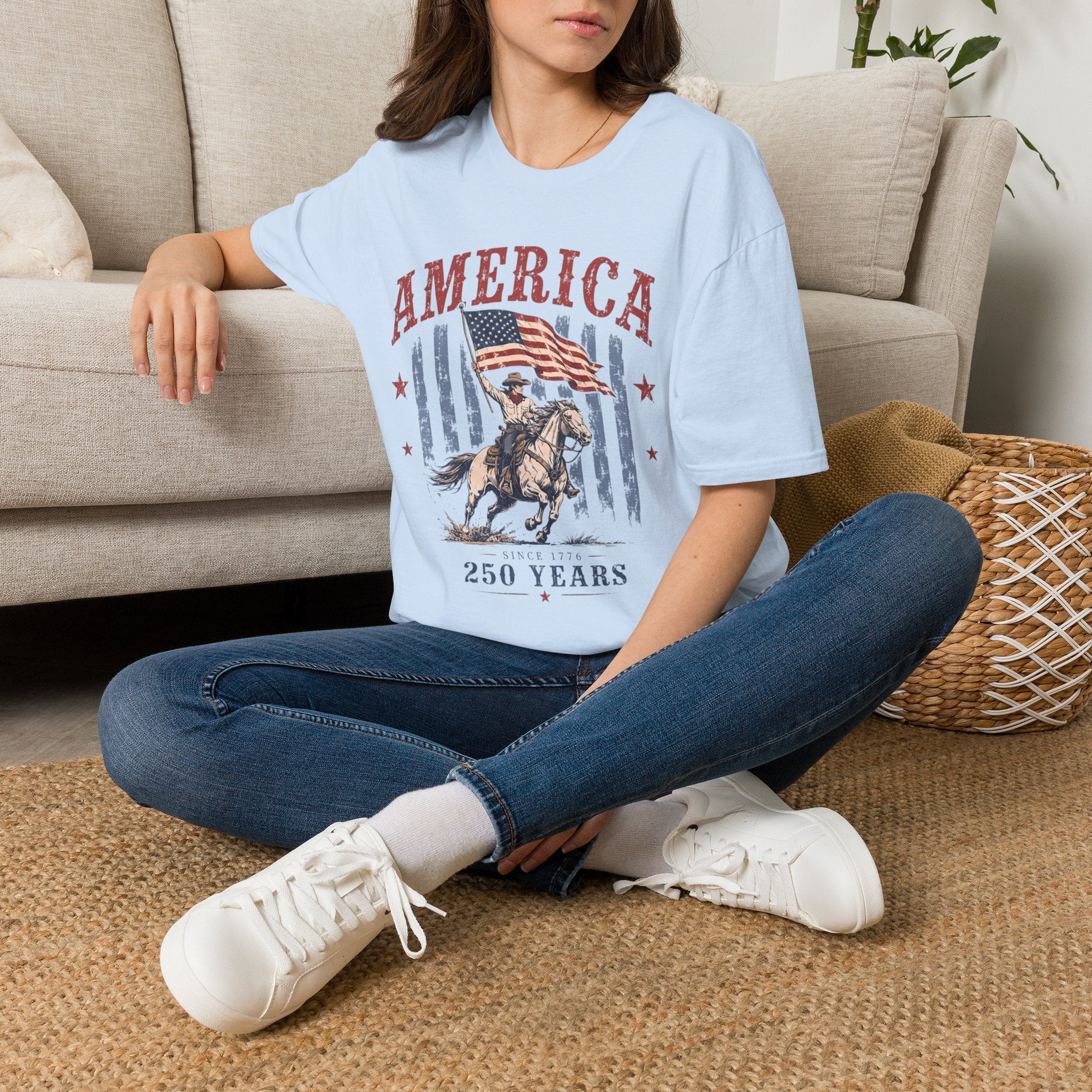 America 250 Years T-Shirt — Vintage Flag & Cowboy Patriotic Tee