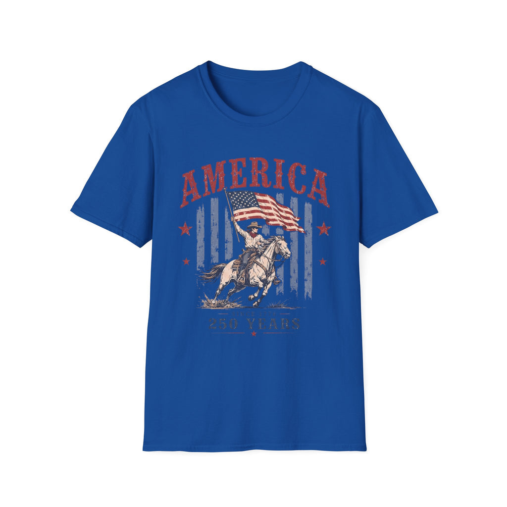 America 250 Years T-Shirt — Vintage Flag & Cowboy Patriotic Tee