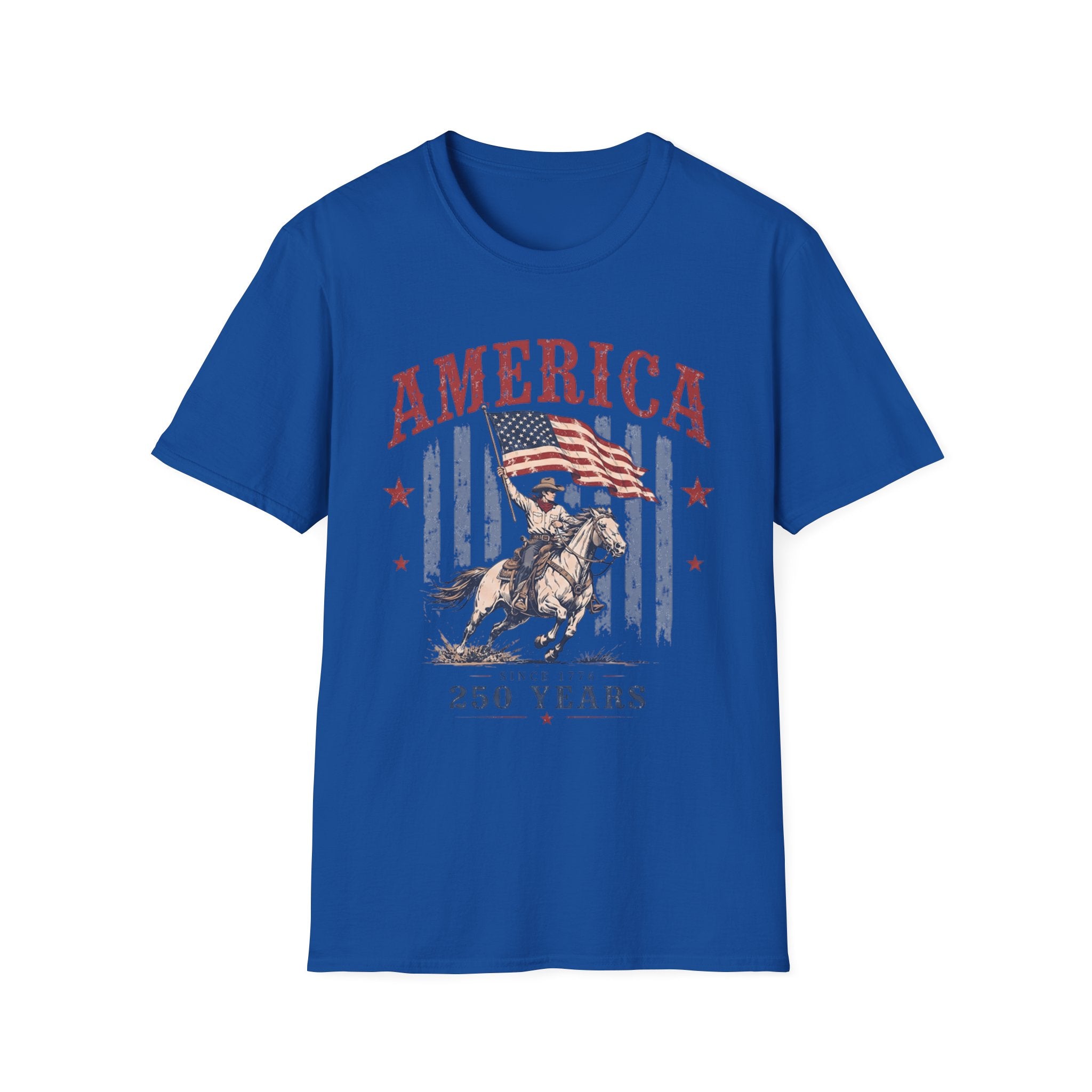 America 250 Years T-Shirt — Vintage Flag & Cowboy Patriotic Tee