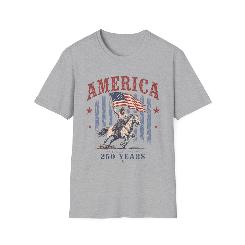 America 250 Years T-Shirt — Vintage Flag & Cowboy Patriotic Tee