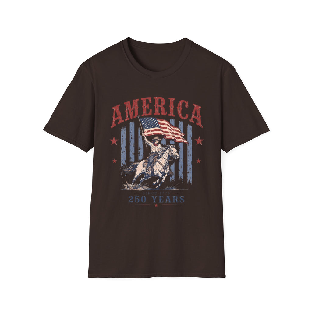 America 250 Years T-Shirt — Vintage Flag & Cowboy Patriotic Tee