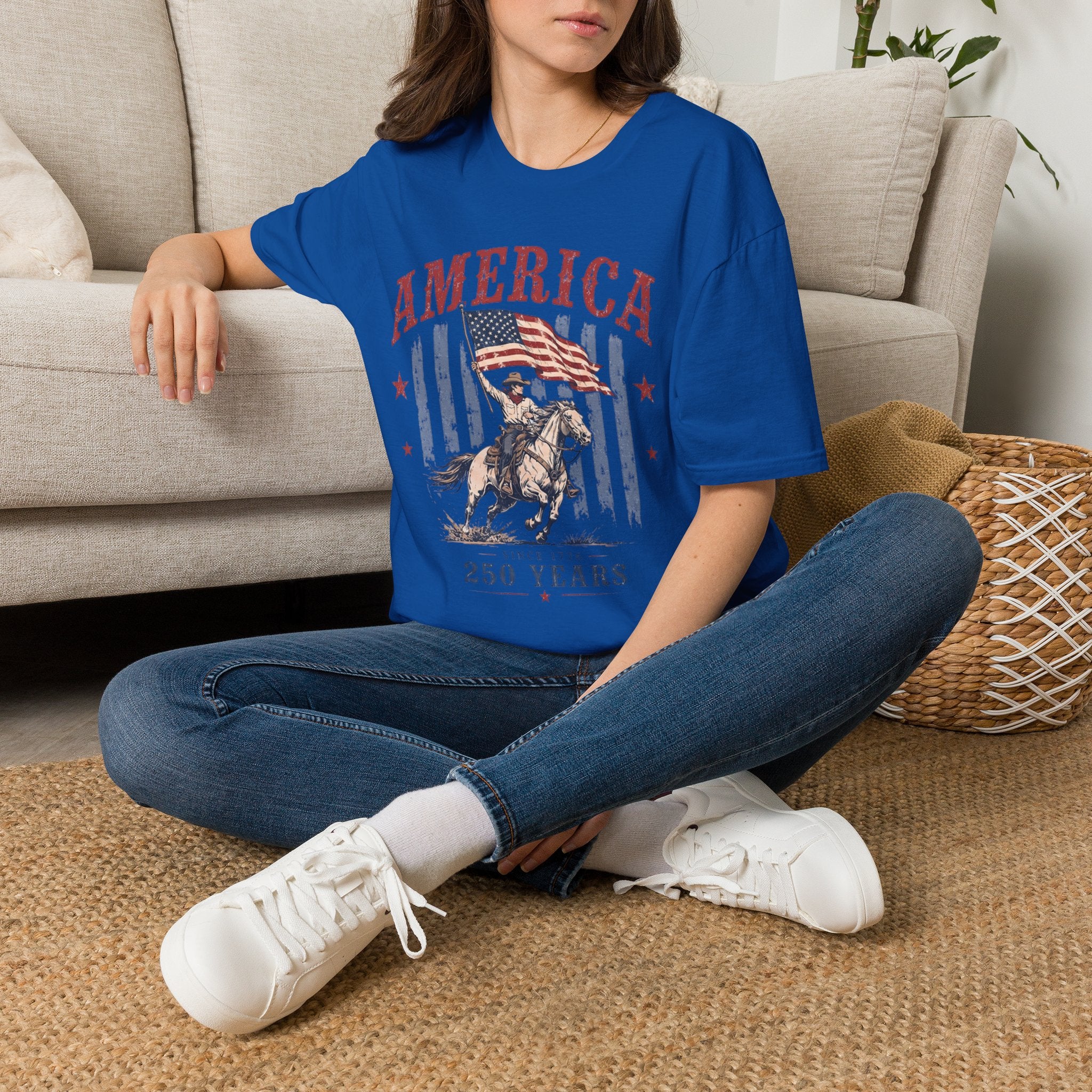 America 250 Years T-Shirt — Vintage Flag & Cowboy Patriotic Tee
