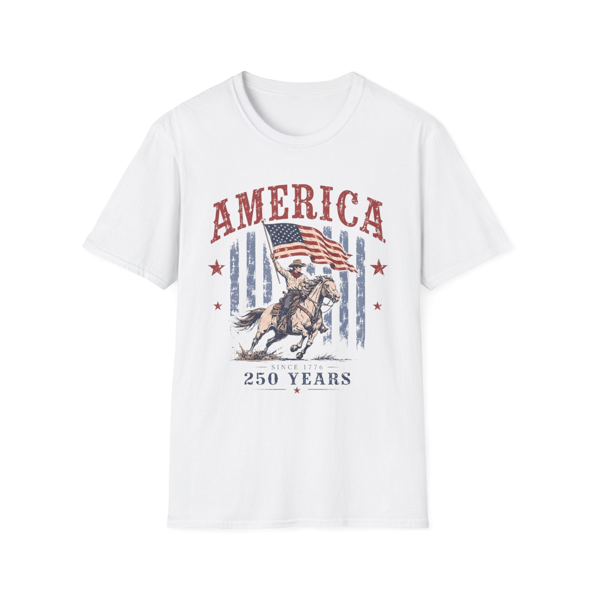 America 250 Years T-Shirt — Vintage Flag & Cowboy Patriotic Tee