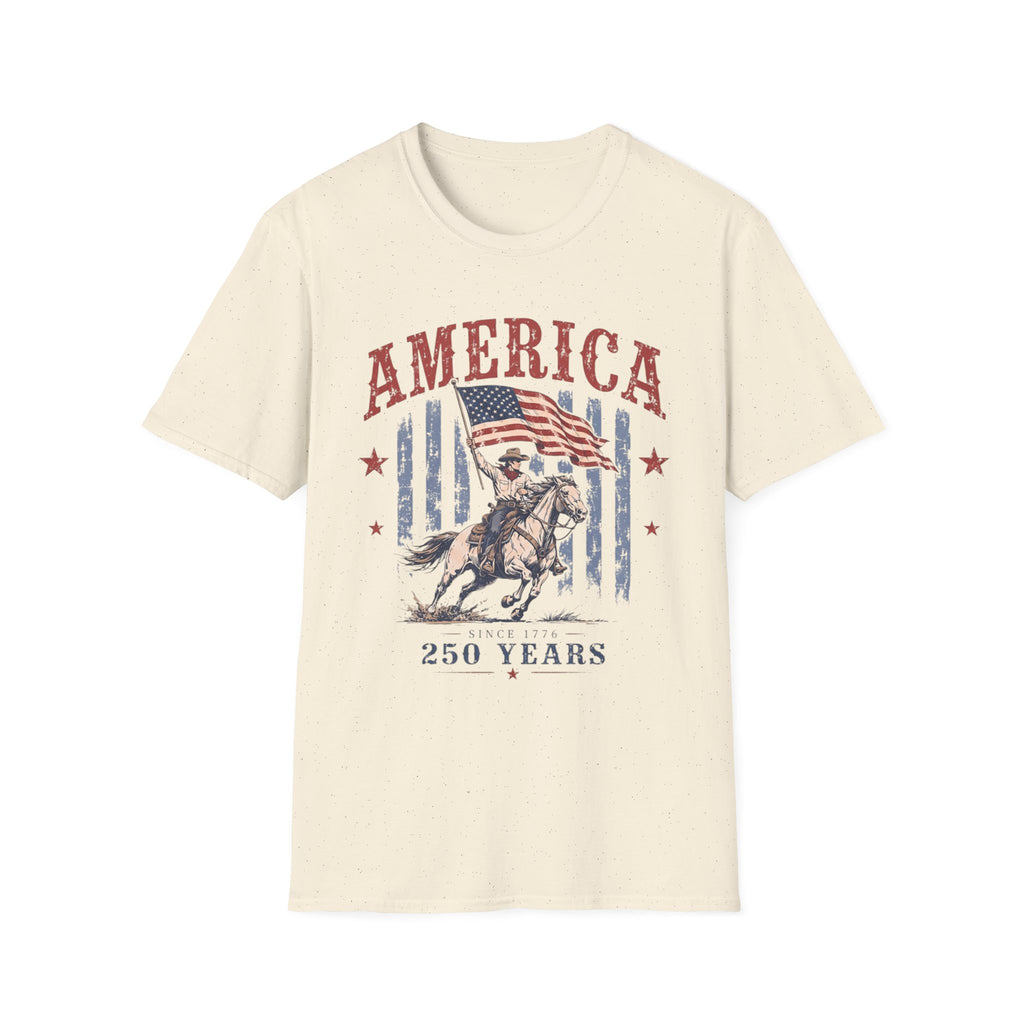 America 250 Years T-Shirt — Vintage Flag & Cowboy Patriotic Tee