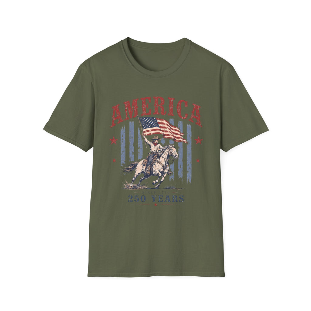 America 250 Years T-Shirt — Vintage Flag & Cowboy Patriotic Tee