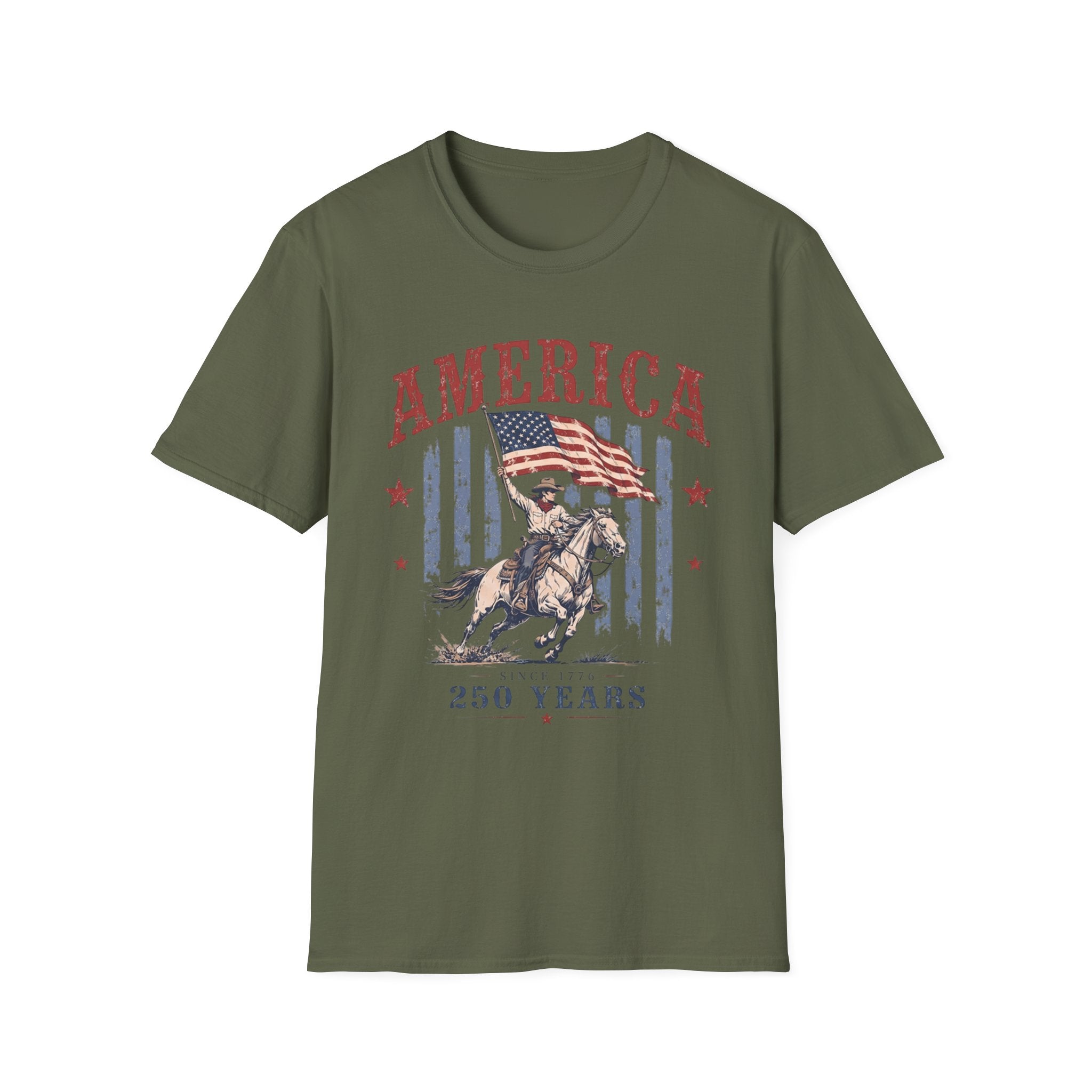 America 250 Years T-Shirt — Vintage Flag & Cowboy Patriotic Tee