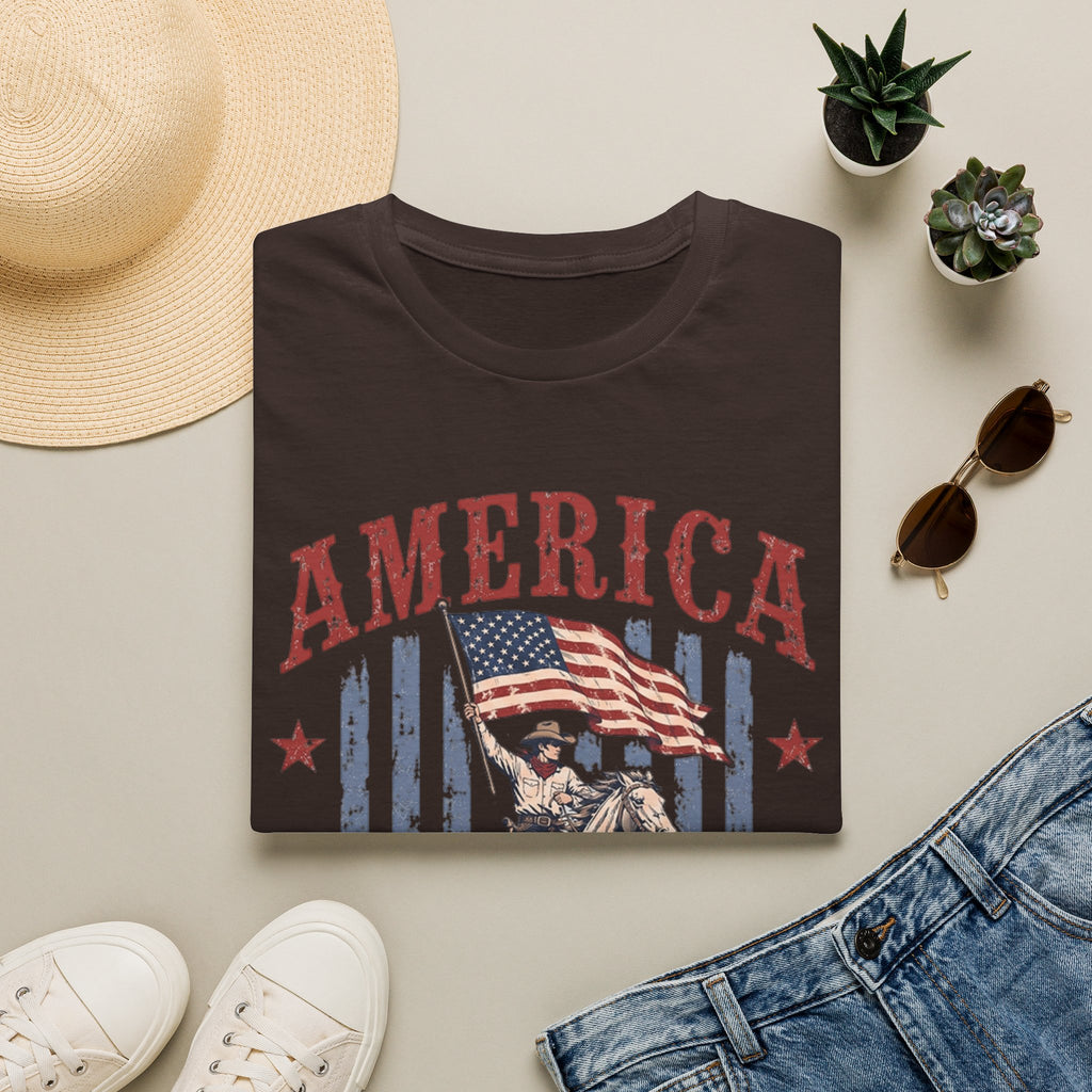 America 250 Years T-Shirt — Vintage Flag & Cowboy Patriotic Tee