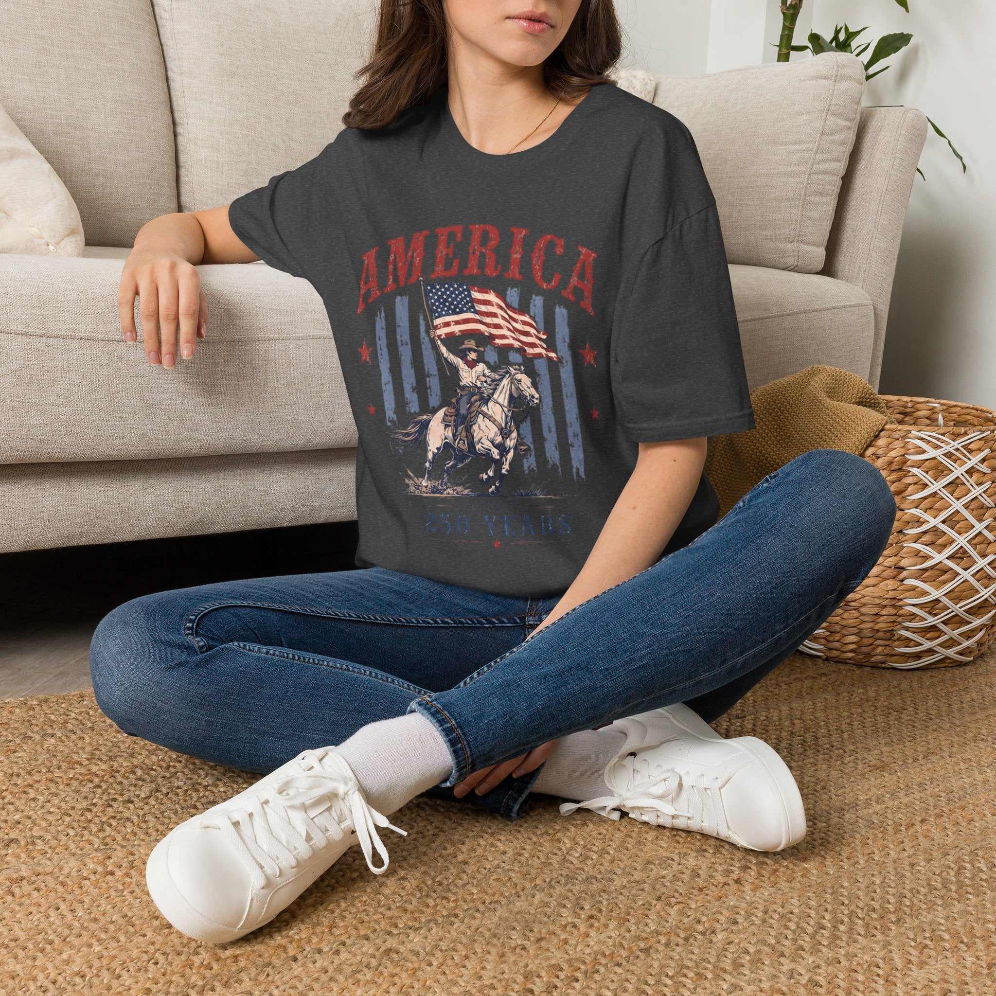 America 250 Years T-Shirt — Vintage Flag & Cowboy Patriotic Tee