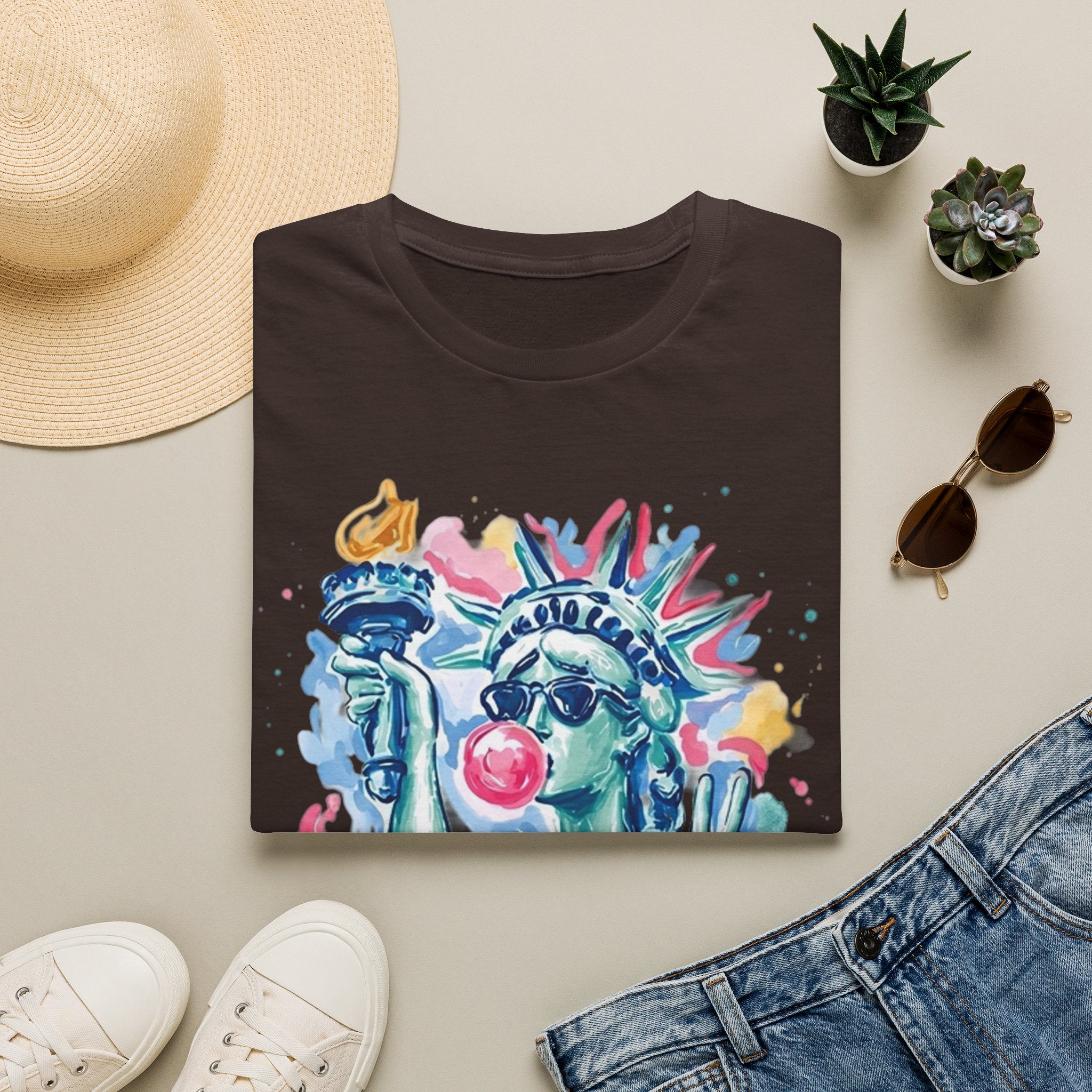 Statue of Liberty Bubblegum T-Shirt — Watercolor NYC Patriotic Tee
