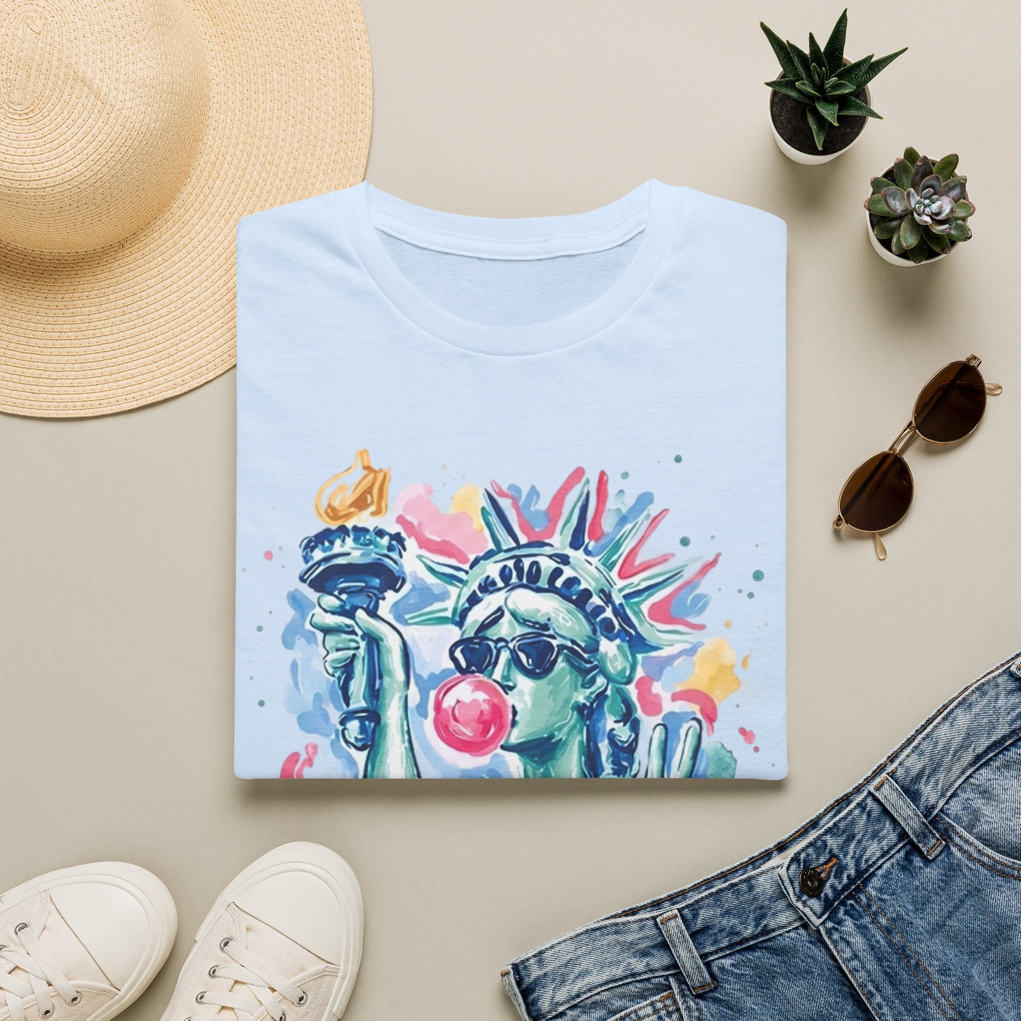 Statue of Liberty Bubblegum T-Shirt — Watercolor NYC Patriotic Tee