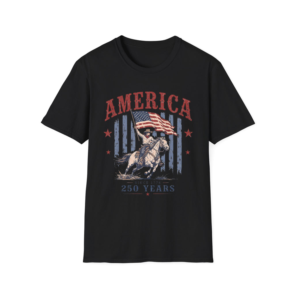 America 250 Years T-Shirt — Vintage Flag & Cowboy Patriotic Tee